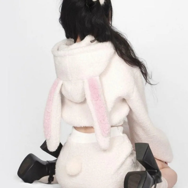 Kawaii Fluffy Rabbit Outfit Set - Hoodie & Skirt Pastel Kitten