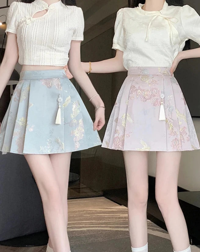 Cute Chinese Style Embroidered Skirt Pastel Kitten