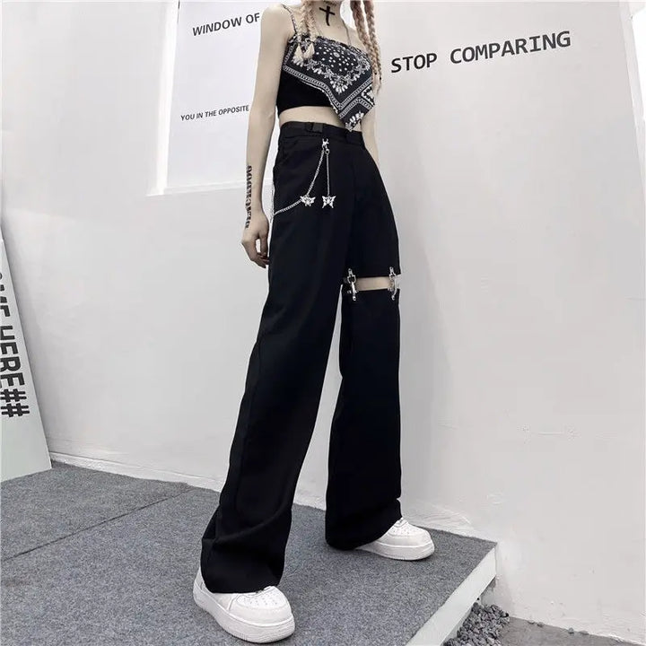 Harajuku Goth Pants With Chain Pastel Kitten