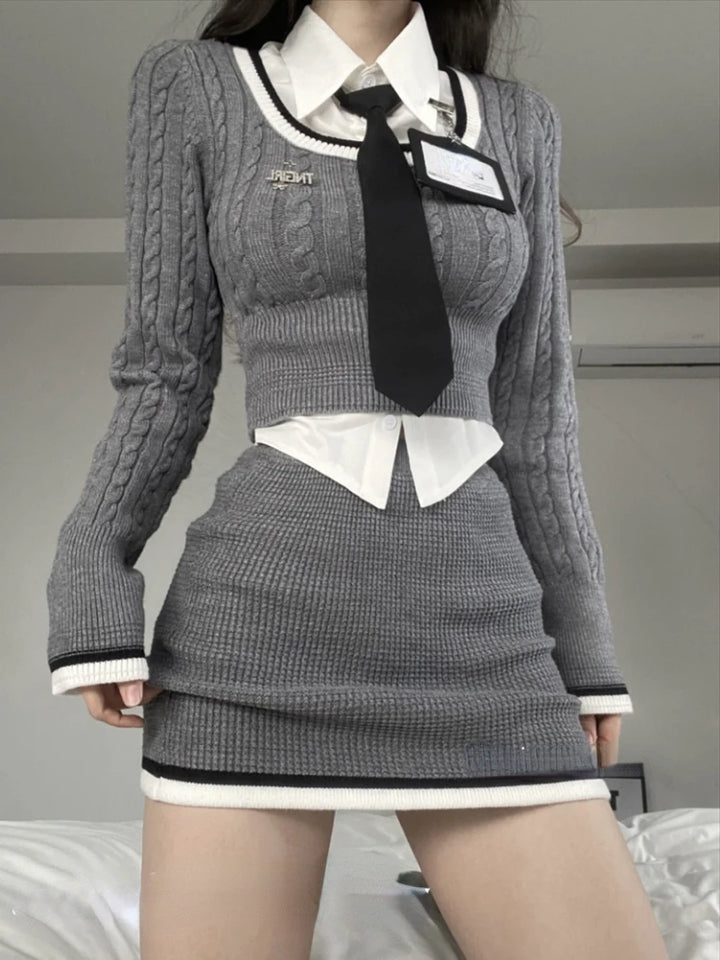 Korean Style Aesthetic Set - Top, Shirt & Skirt Pastel Kitten