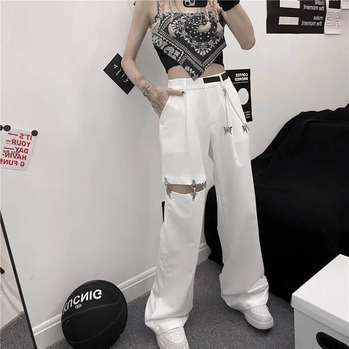 Harajuku Goth Pants With Chain Pastel Kitten