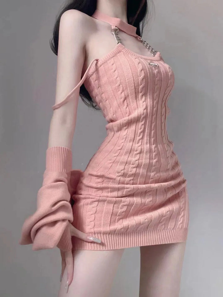 Ulzzang Girl Dress & Cardigan Set Pastel Kitten