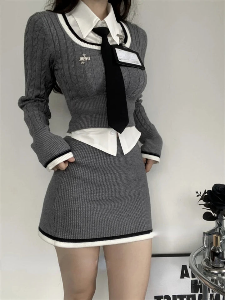 Korean Style Aesthetic Set - Top, Shirt & Skirt Pastel Kitten