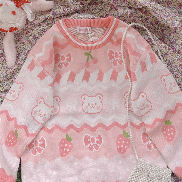 Kawaii Japanese Strawberry Bear Sweater Pastel Kitten