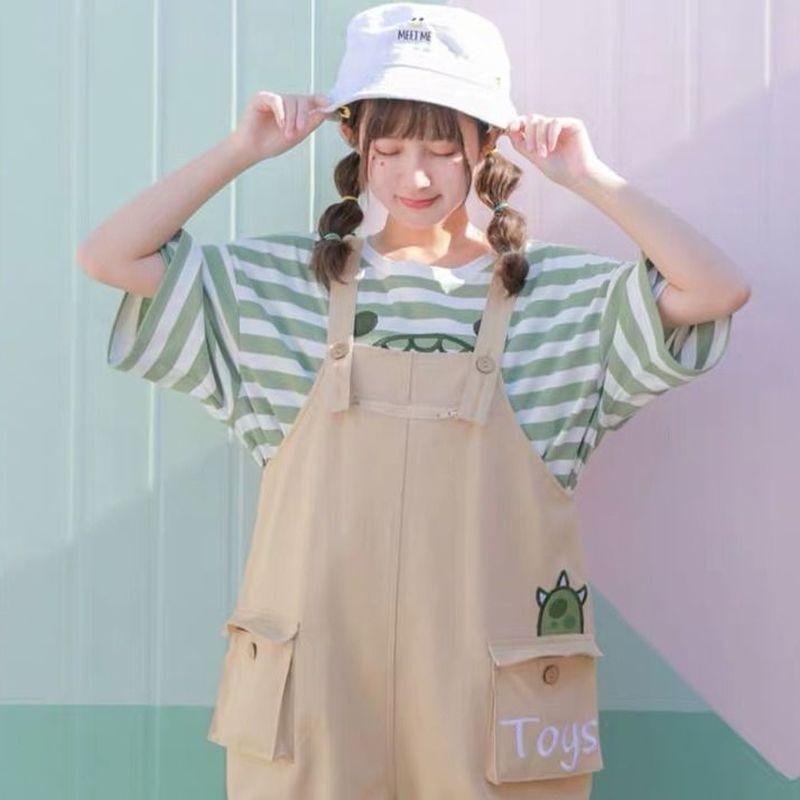 Japanese Style Set - T-shirt & Overalls - Pastel Kitten