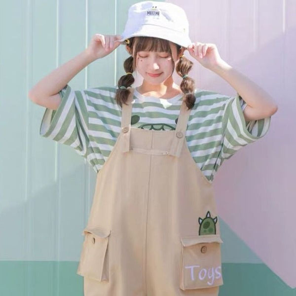Japanese Style Set - T-shirt & Overalls Pastel Kitten