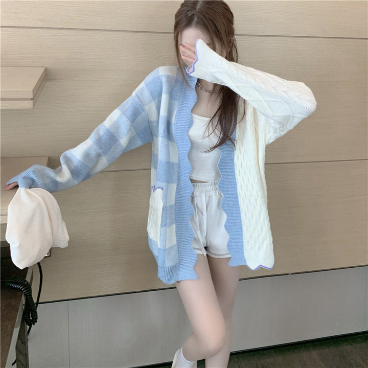 Korean Patchwork Plaid Cardigan Pastel Kitten