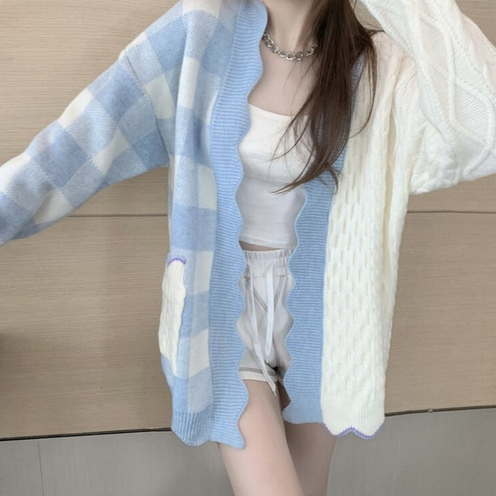 Korean Patchwork Plaid Cardigan Pastel Kitten