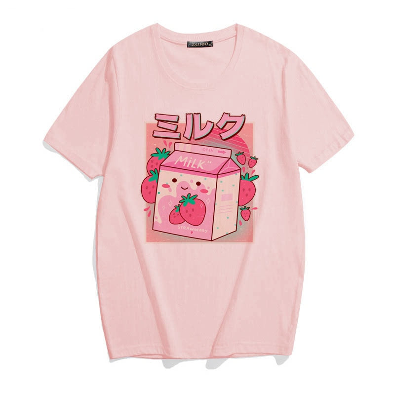  KEEVICl Girls 90s Japanese Strawberry Milk Drink Pink Shirt  Kawaii Clothes Aesthetic Pastel Goth Soft Grunge Cotton Tops (10Pink,XS):  Clothing, Shoes & Jewelry