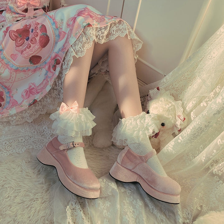 Cute Vintage Socks with Bow Pastel Kitten