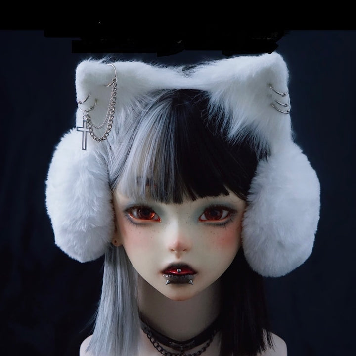 Gothic Cross Chain Cat Ear Earmuffs Pastel Kitten