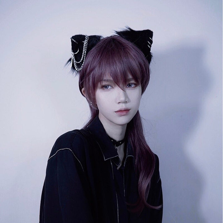 Gothic Black Cat Ears Hairpins with Metal Chain Pastel Kitten