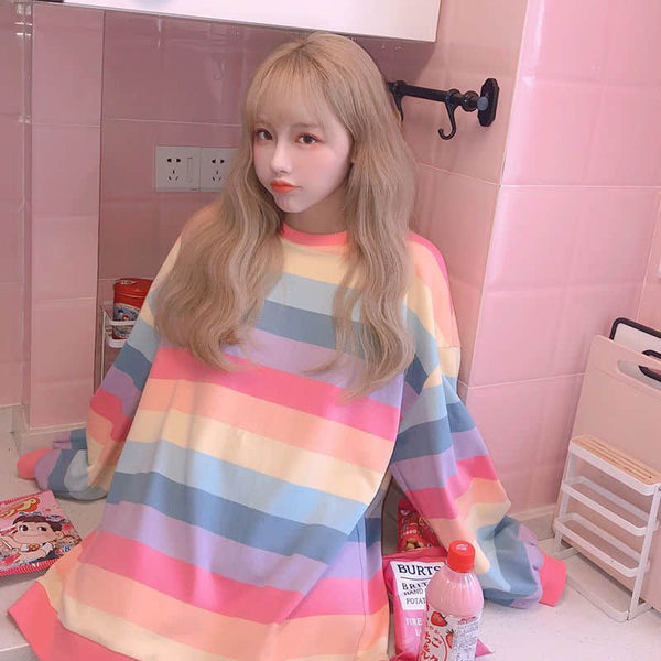 Korean Rainbow Striped Longsleeve Pastel Kitten