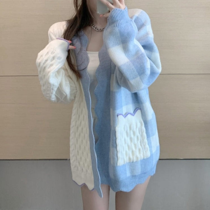 Korean Patchwork Plaid Cardigan Pastel Kitten