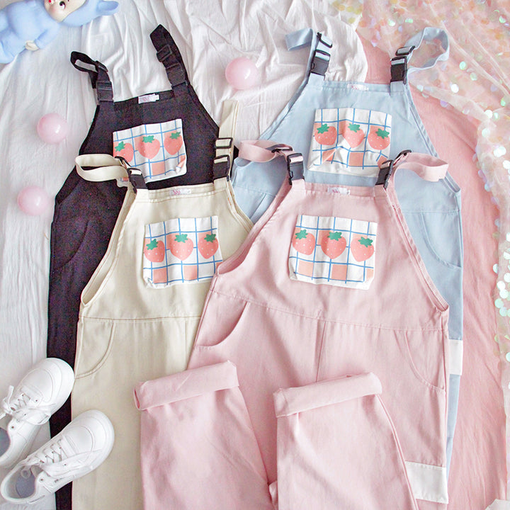 Cute Strawberry Overalls Pastel Kitten