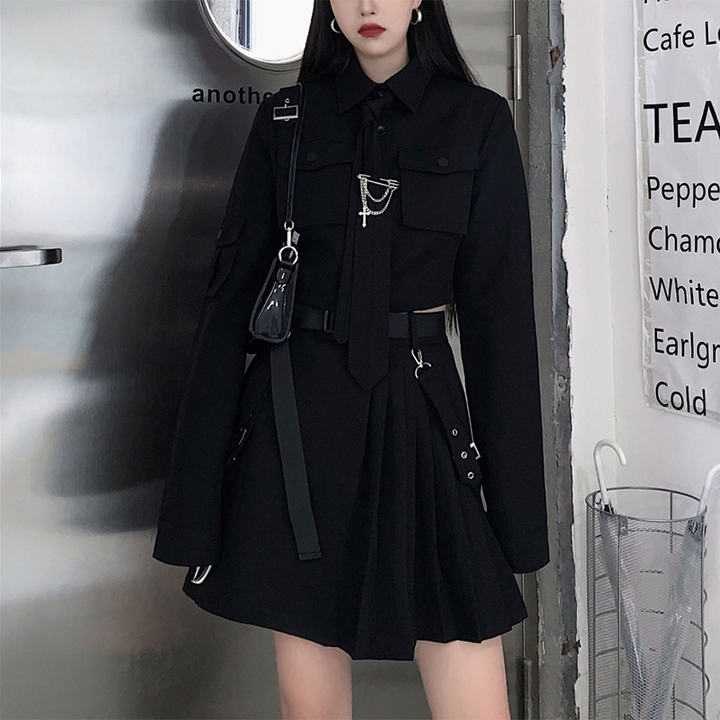 Korean Gothic Outfit Set - Shirt & Skirt Pastel Kitten