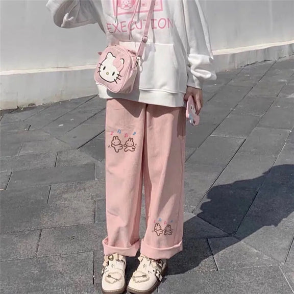 Cartoon Corduroy Pants - Pastel Kitten