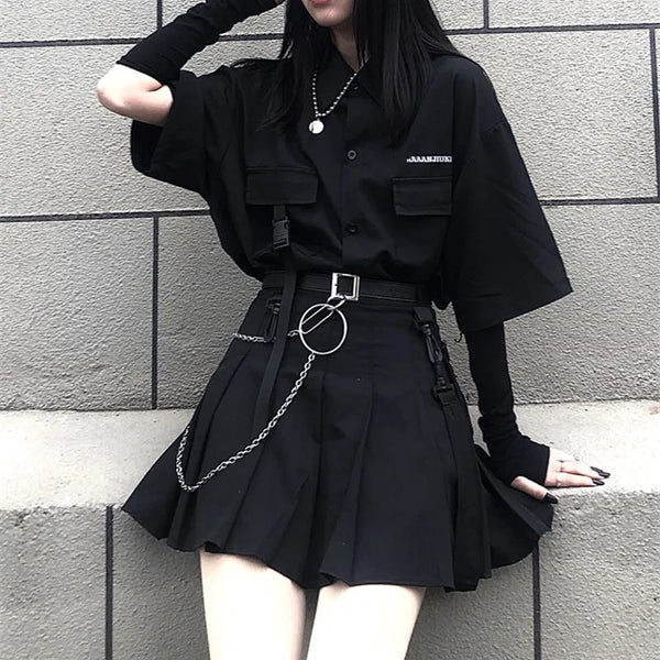 Korean Darkwear Clothing Set - Shirt & Skirt Pastel Kitten