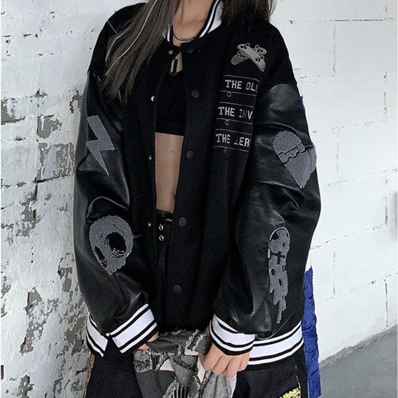 Black White Racing Harajuku Varsity Jacket For Her - American Vintage Style  Oversized Patchwork Baseball Bomber | Retro Streetwear Idea
