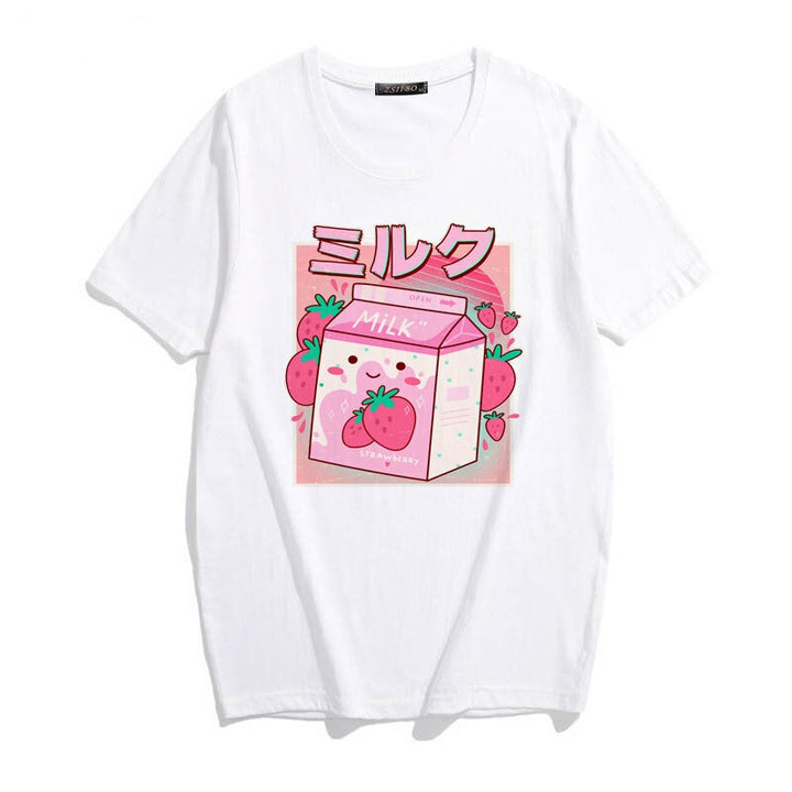90s Japanese Strawberry Milk T-shirt Pastel Kitten