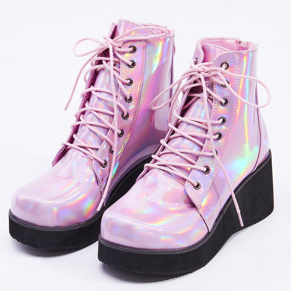 Holographic Leather Gothic Boots Pastel Kitten