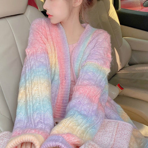 Rainbow Knitted Cardigan Pastel Kitten