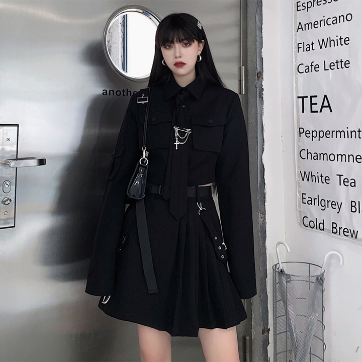 Korean Gothic Outfit Set - Shirt & Skirt - Pastel Kitten