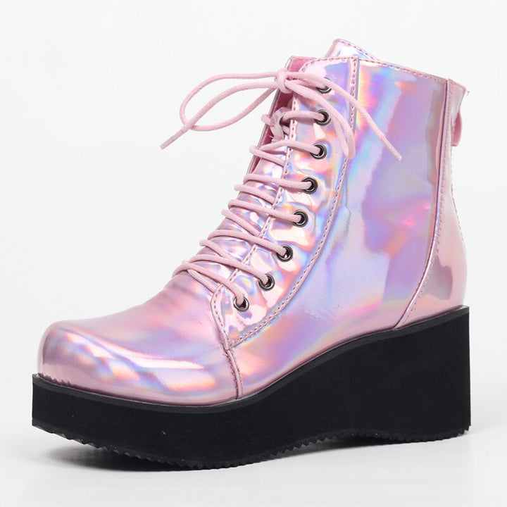 Holographic Leather Gothic Boots Pastel Kitten