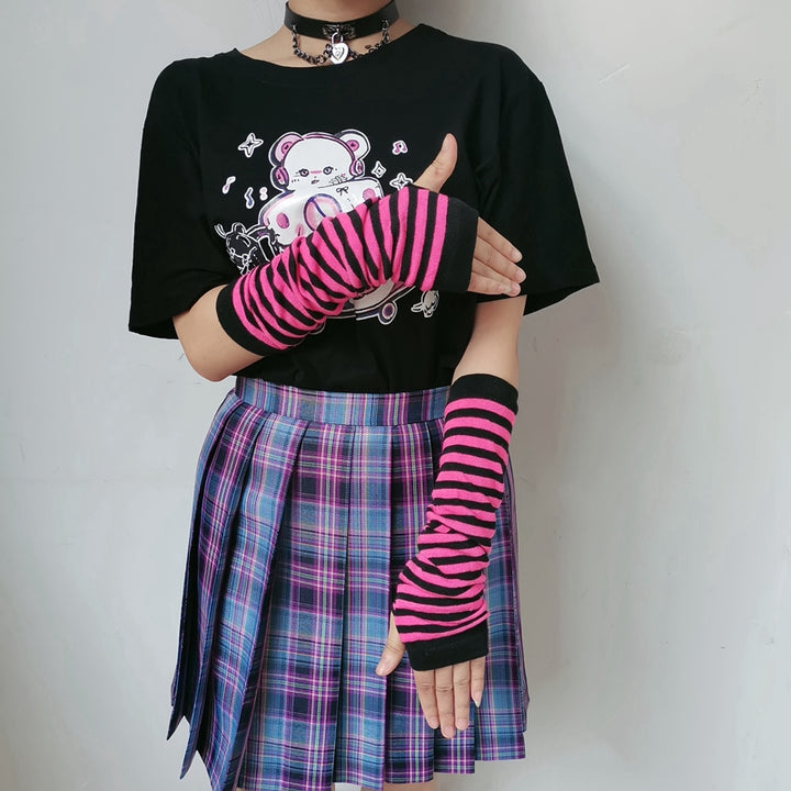 Harajuku Striped Arm Warmers Pastel Kitten