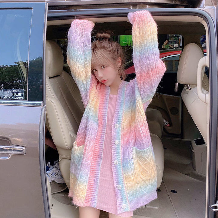 Rainbow Knitted Cardigan Pastel Kitten