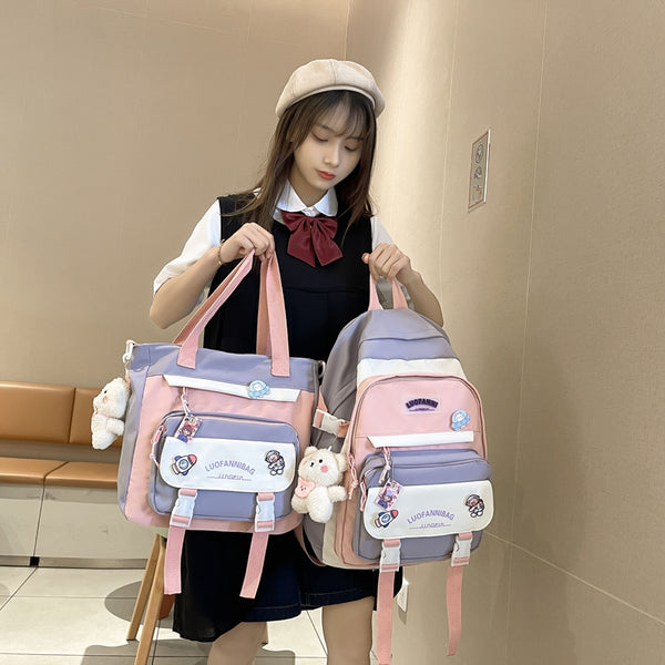 Japanese School Aesthetic Backpack & Bag Set Pastel Kitten