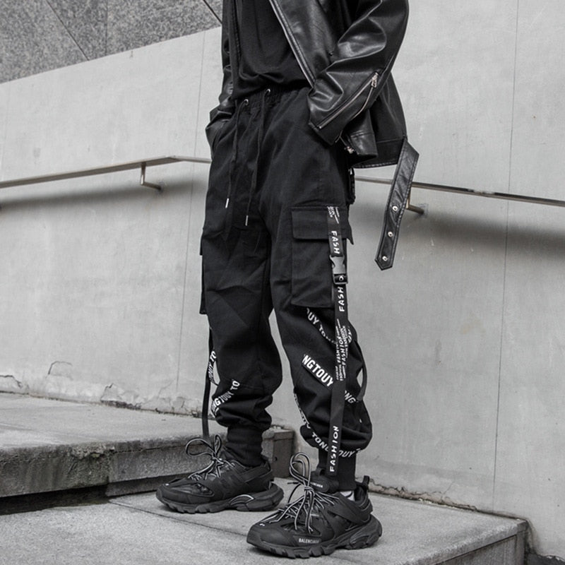 Black Techwear Cargo Joggers - Pastel Kitten