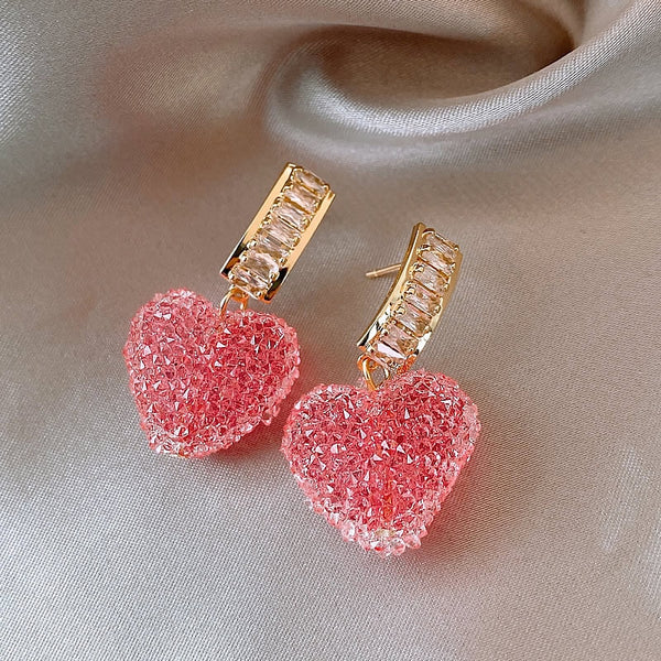 Pink Crystal Heart Earrings Pastel Kitten