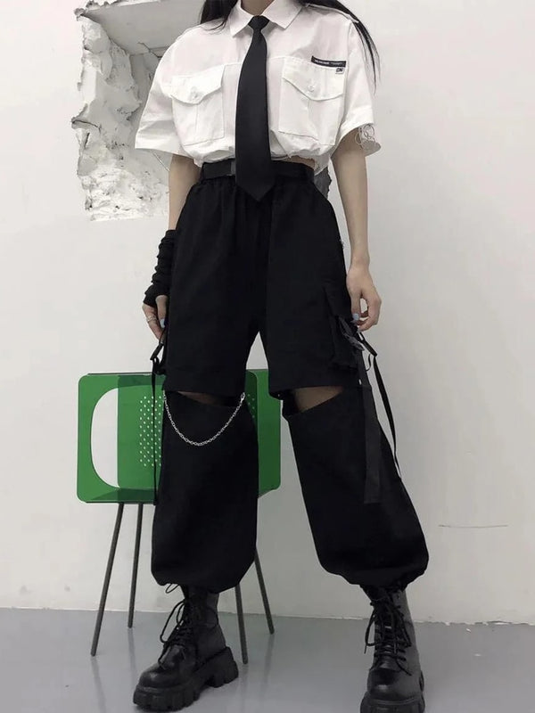 Korean Techwear Cargo Pants with Chain Pastel Kitten