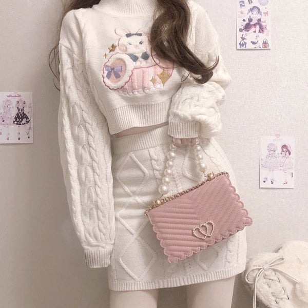Sweet Rabbit Embroidery Skirt & Sweater Set Pastel Kitten