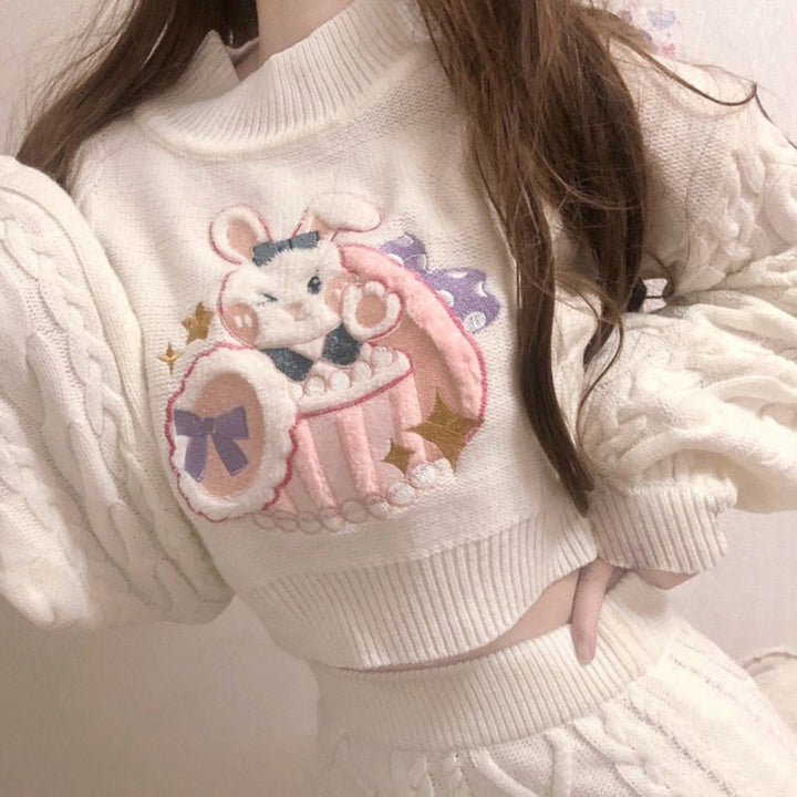 Sweet Rabbit Embroidery Skirt & Sweater Set Pastel Kitten