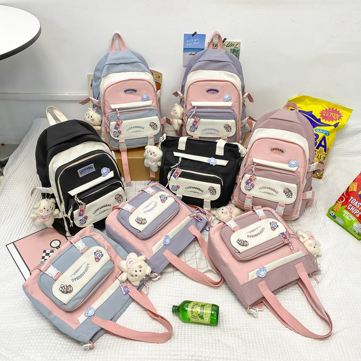 Japanese School Aesthetic Backpack & Bag Set Pastel Kitten