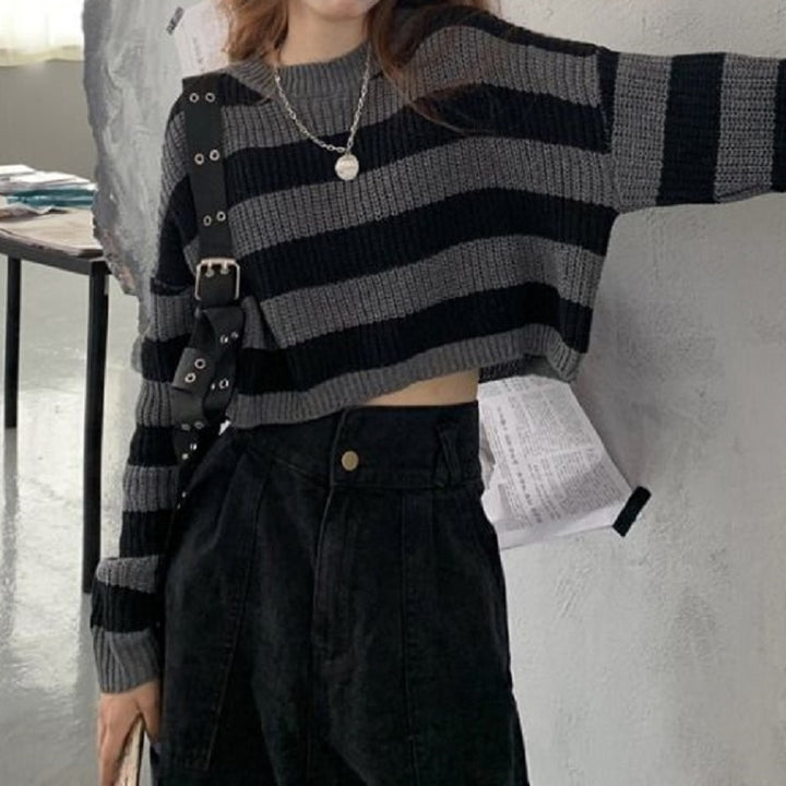 Korean Striped Cropped Sweater Pastel Kitten