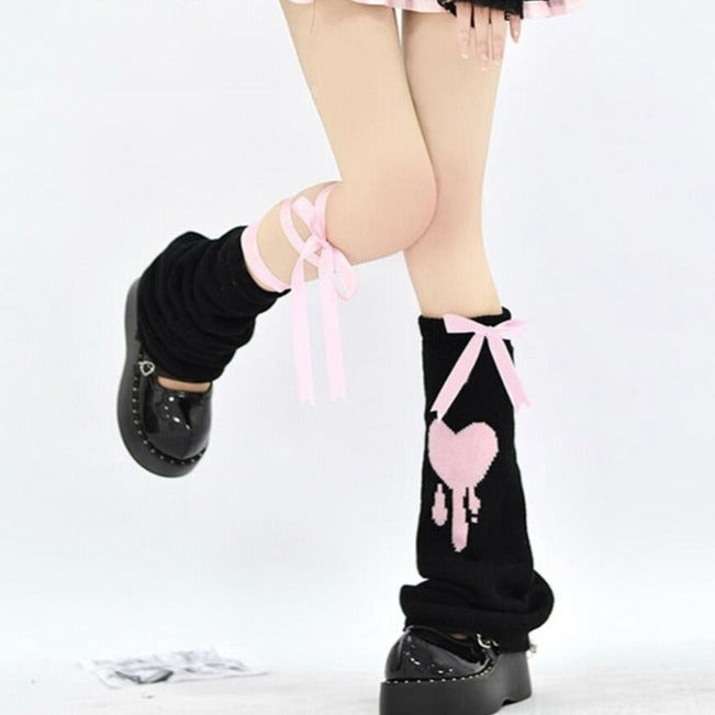 Y2K Ribbon Lace-Up Leg Warmers - Pastel Kitten