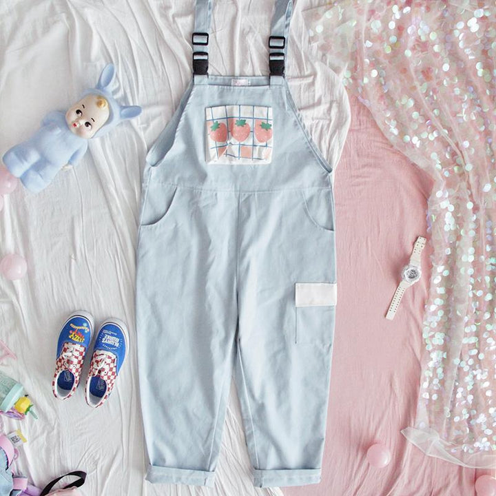 Cute Strawberry Overalls Pastel Kitten