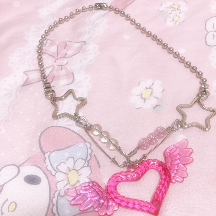 Pink Heart Necklace Pastel Kitten