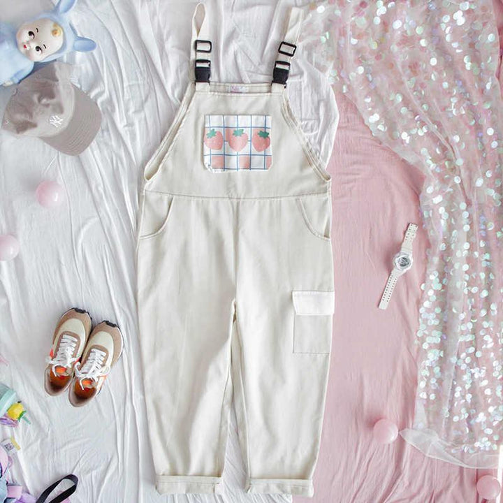 Cute Strawberry Overalls Pastel Kitten